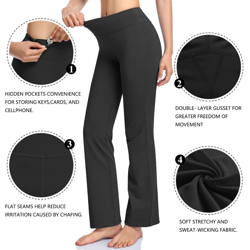 HISKYWIN Inner Pocket Yoga Pants 4 Way Stretch Tummy Control Workout Running Pants, Long Bootleg Flare Pants HF2-Black-S - Image 5